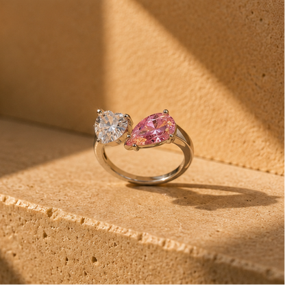 Toi et moi heart and pear ring rhodium plated for women at JeevaFashions