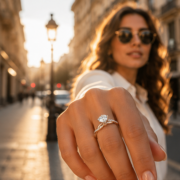 rose gold CZ twisted band ring close up JeevaFashions