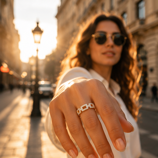 Rose gold geometric chain ring close up JeevaFashions
