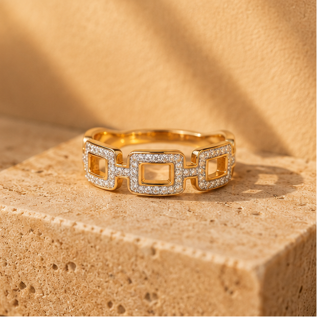 Rose gold open-link pave crystal statement ring JeevaFashions