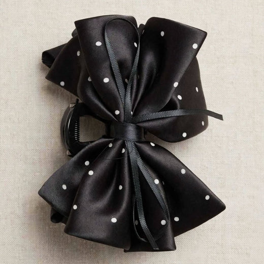 Black satin polka dot bow claw clip hair clutcher for women by JeevaFashions