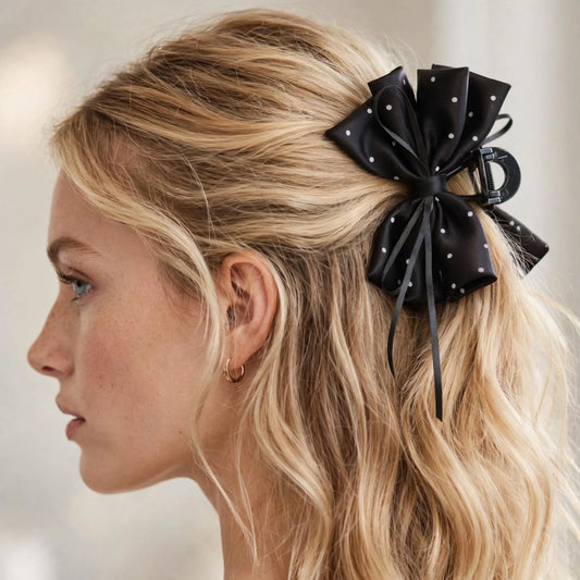 Woman wearing black satin polka dot bow claw clip in her hair