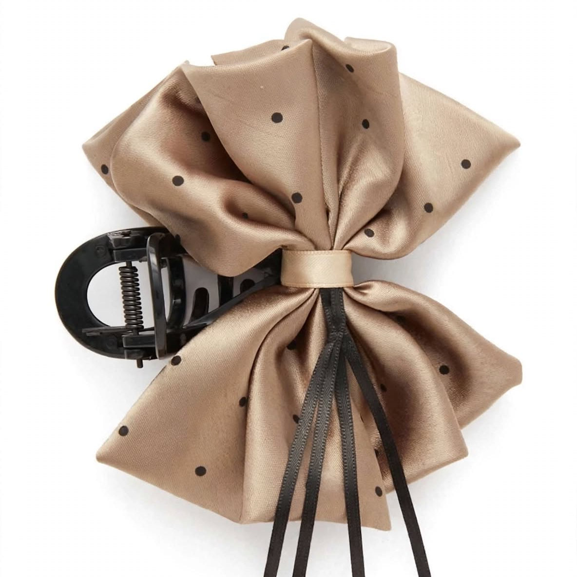 Brown-gold satin polka dot bow claw clip hair clutcher for women by JeevaFashions