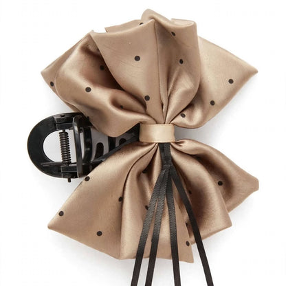 Brown-gold satin polka dot bow claw clip hair clutcher for women by JeevaFashions