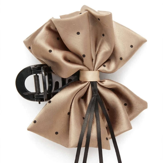 Brown-gold satin polka dot bow claw clip hair clutcher for women by JeevaFashions