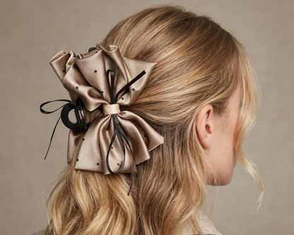 Woman wearing brown-gold satin polka dot bow claw clip in her hair