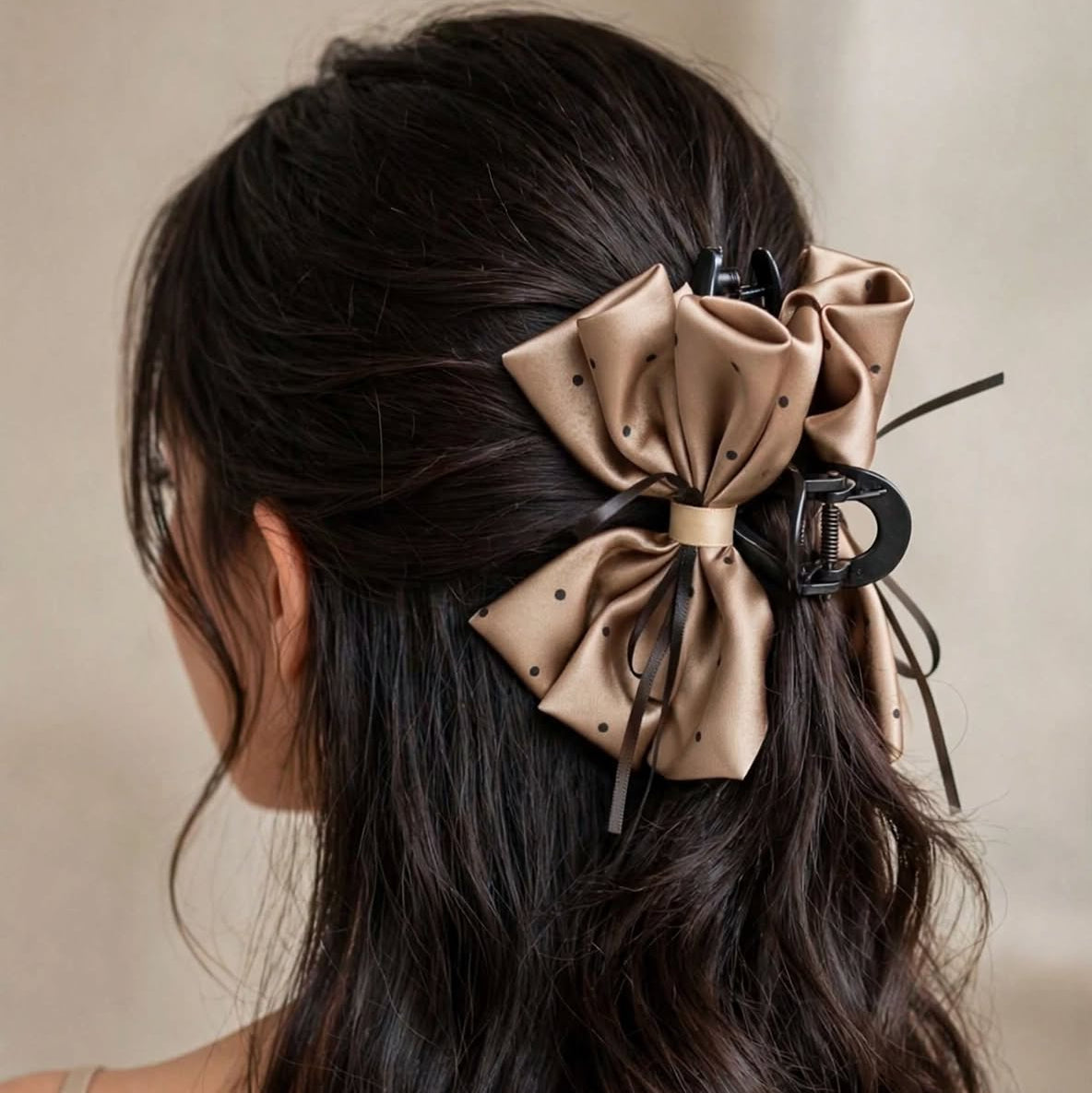 Model wearing brown-gold satin bow claw clip hair accessory
