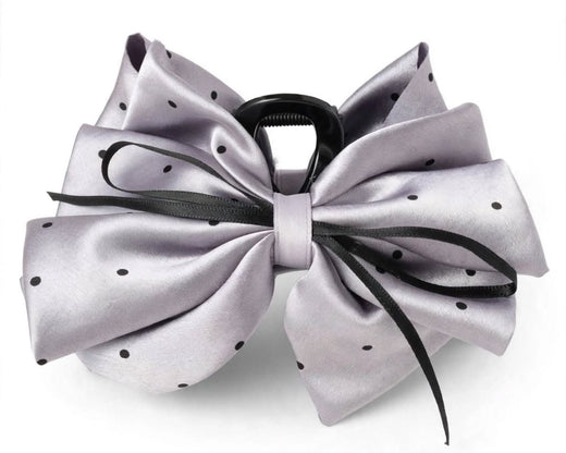 Silver satin polka dot bow claw clip hair clutcher for women by JeevaFashions