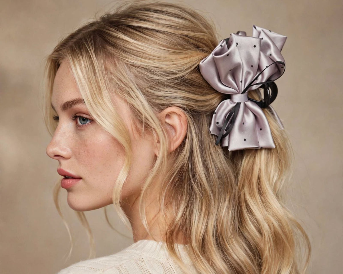 Silver satin bow claw clip with polka dot print, square product shot