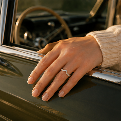 Serene Peak ring stacked with other bands JeevaFashions
