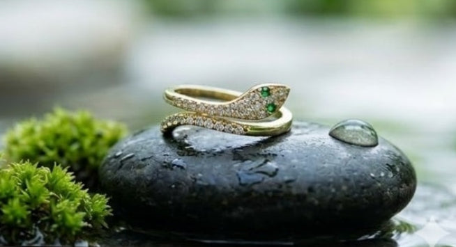 Statement serpent ring with emerald eyes for women lifestyle shot