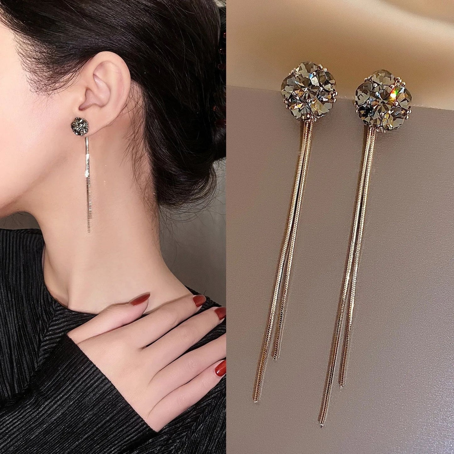 Shimmering rhinestone fringe dangle earrings long chain tassel JeevaFashions