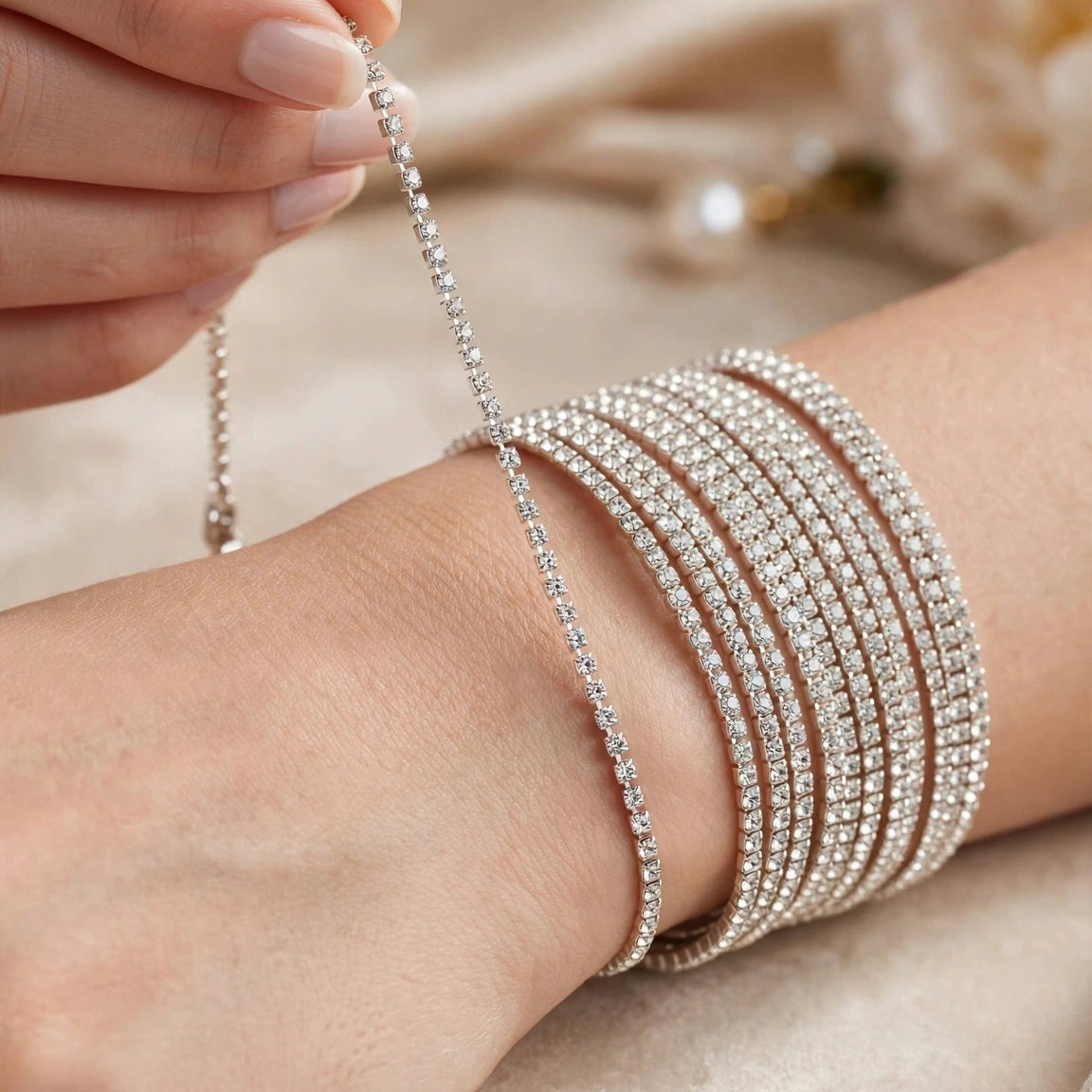 Crystal tennis bangle stretch bracelet worn on wrist for women at JeevaFashions