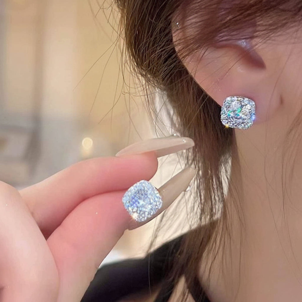 Silver CZ cluster earrings closeup cushion cut JeevaFashions
