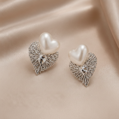 Silver pearl heart earrings with CZ centre for weddings JeevaFashions