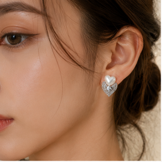 Silver pearl heart earrings closeup textured leaf JeevaFashions
