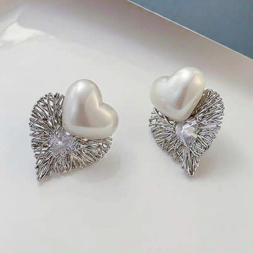 Silver pearl heart stud earrings textured leaf design JeevaFashions
