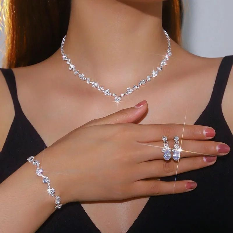 Silver plated jewellery set with necklace earrings and bracelet – rhinestone party wear for women