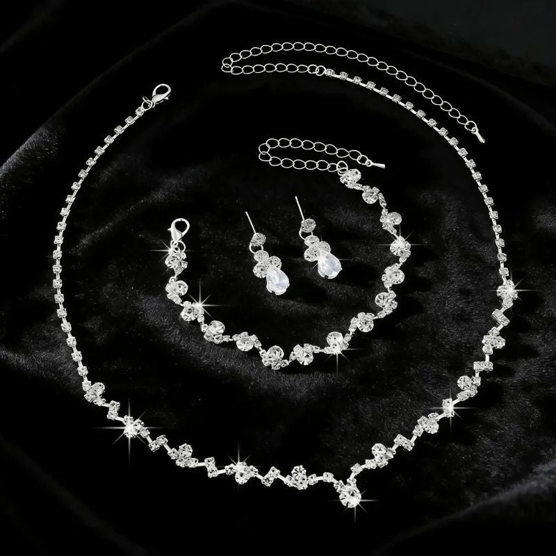 Silver plated water droplet necklace with crystal rhinestones – festive and wedding party wear for women
