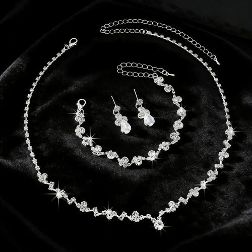 Silver plated water droplet necklace with crystal rhinestones – festive and wedding party wear for women
