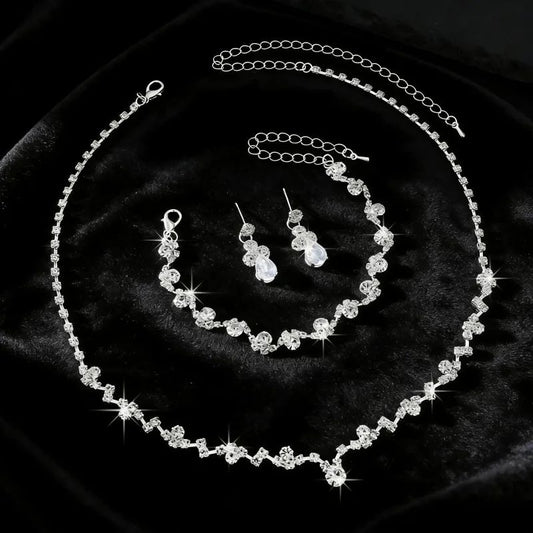 Silver plated water droplet necklace with crystal rhinestones – festive and wedding party wear for women
