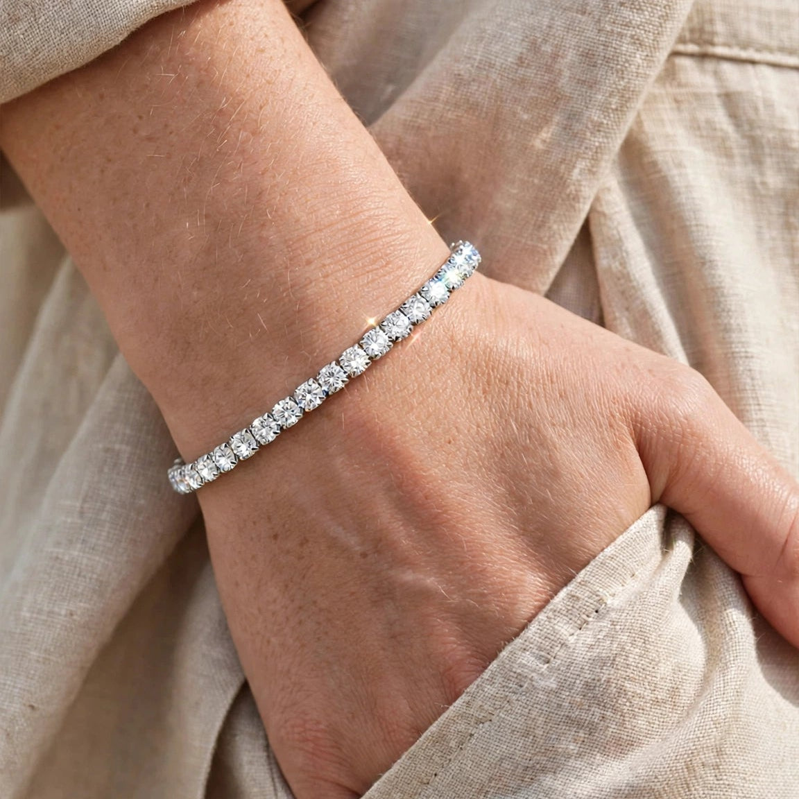 silver tone slim CZ tennis bracelet close-up for women JeevaFashions