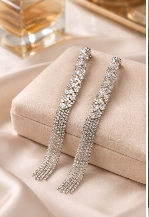 Silver tassel drop earrings close up detail JeevaFashions