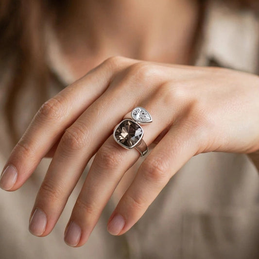 Adjustable open band of two-tone crystal ring for women at JeevaFashions