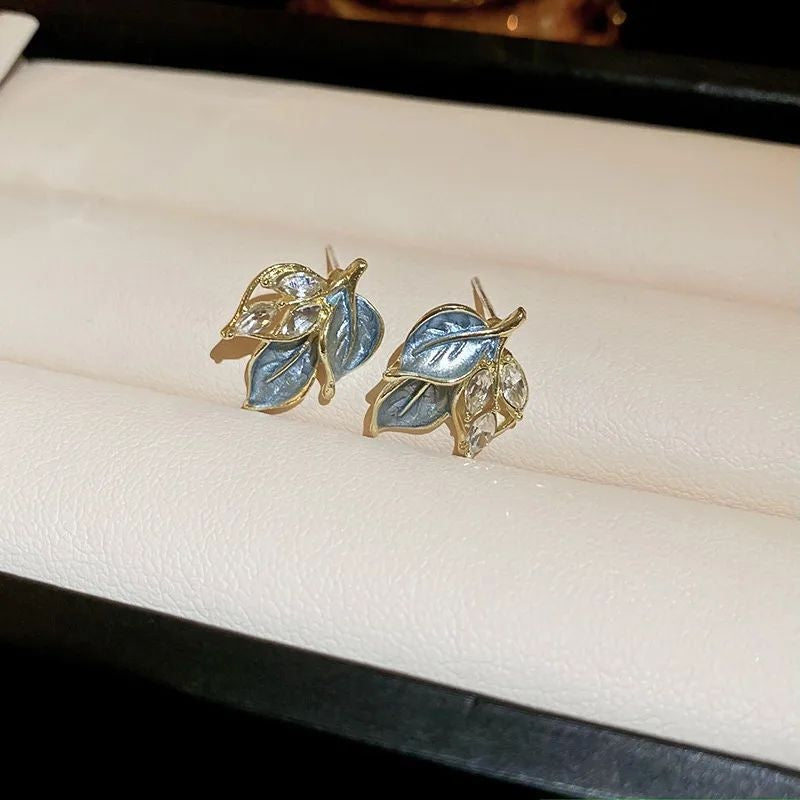 Sky blue enamel crystal trefoil stud earrings JeevaFashions