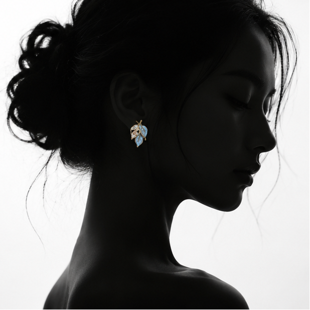 Sky blue enamel trefoil stud earrings detail shot JeevaFashions