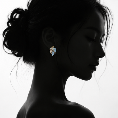 Sky blue enamel trefoil stud earrings detail shot JeevaFashions