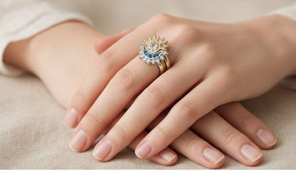 Stackable celestial ring set close up detail JeevaFashions
