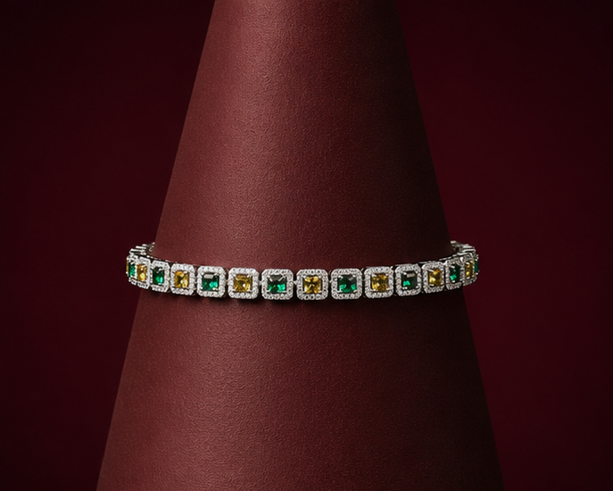 Stainless steel green yellow CZ tennis bracelet styled with lehenga for Diwali and wedding occasions