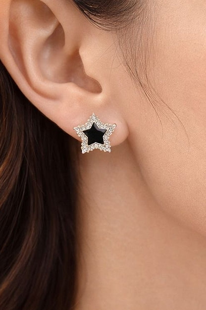 925 silver star stud earrings with black enamel centre and sparkling crystal detailing – hypoallergenic Korean minimal earrings for women