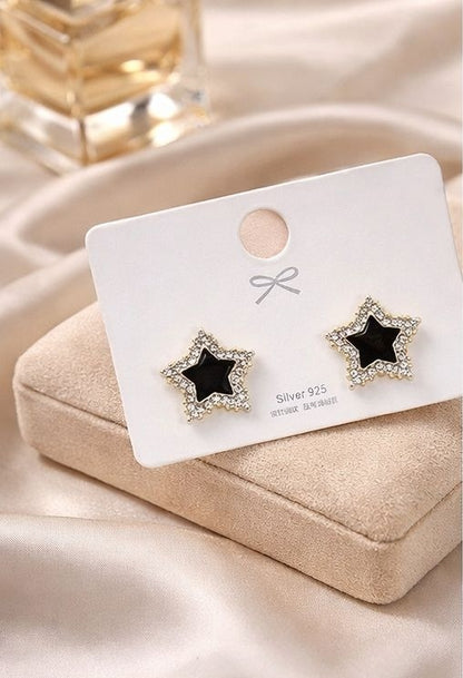 Korean minimal star stud earrings in 925 silver with black enamel and crystal – lightweight everyday earrings for Indian women