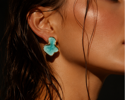 Teal abstract marbled earrings styled for festive occasion JeevaFashions