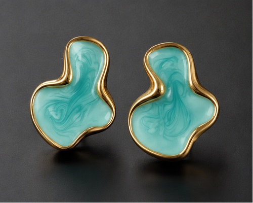 Teal abstract marbled stud earrings gold tone stainless steel JeevaFashions