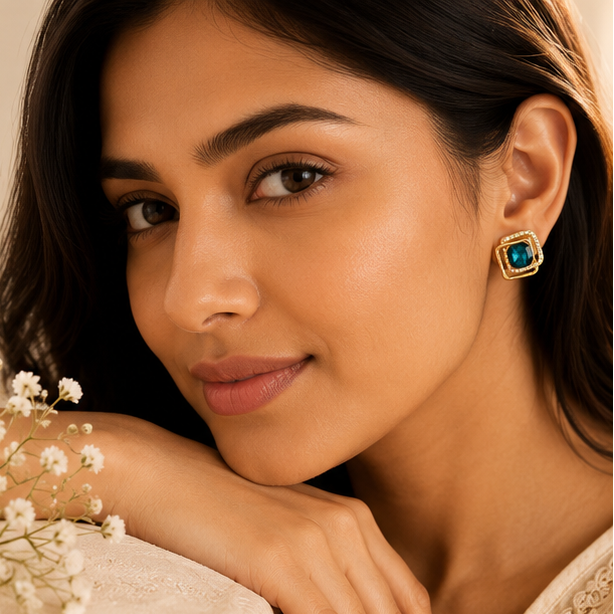 Teal CZ stud earrings styled for daily wear JeevaFashions