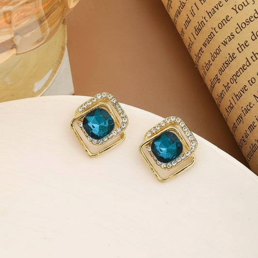Teal CZ stud earrings gold tone halo for women JeevaFashions