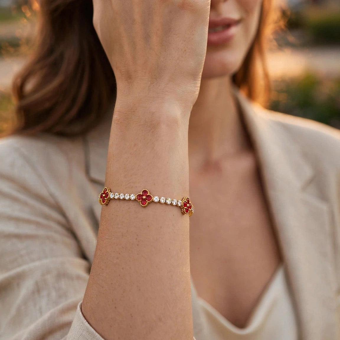 Gold plated tennis bracelet clasp with safety chain for women JeevaFashions