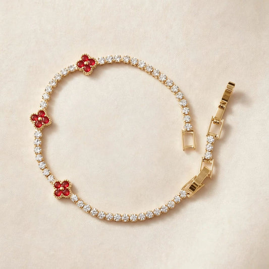 Triple red clover CZ tennis bracelet gold plated for women JeevaFashions