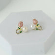 Tulip pearl drop stud earrings with crystal accent in gold tone for women – lightweight floral daily wear earrings with pink enamel and leaf detail
