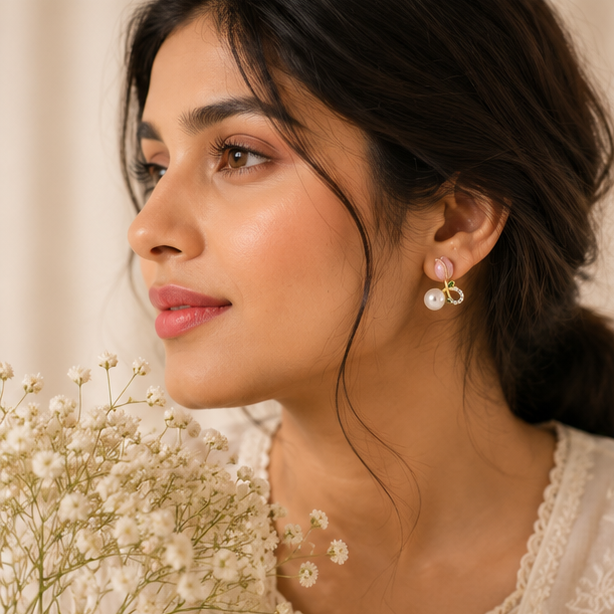 Close-up of tulip pearl drop stud earrings with pink enamel tulip, small pearl drop and crystal accent ring – floral daily wear earrings for women