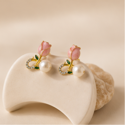 Tulip pearl drop stud earrings with crystal accent in gold tone – floral gifting and daily wear earrings for Indian women
