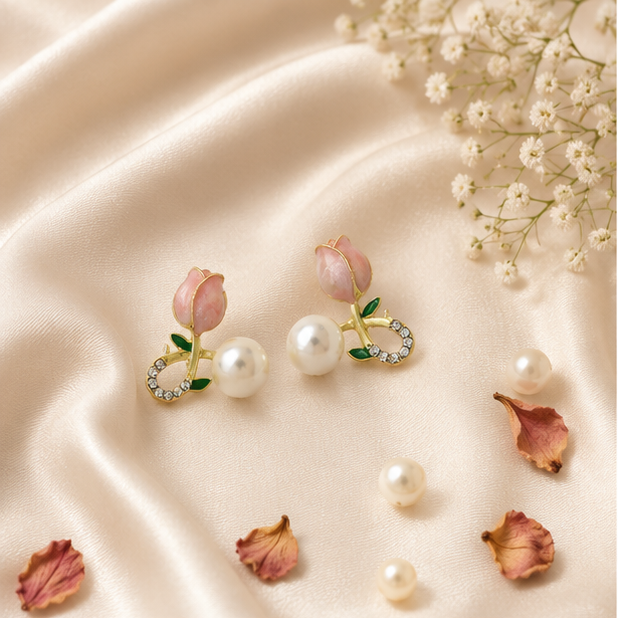 Tulip pearl drop stud earrings with pink enamel and crystal accent styled on model – floral daily wear earrings for Indian women
