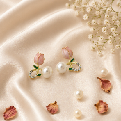 Tulip pearl drop stud earrings with pink enamel and crystal accent styled on model – floral daily wear earrings for Indian women
