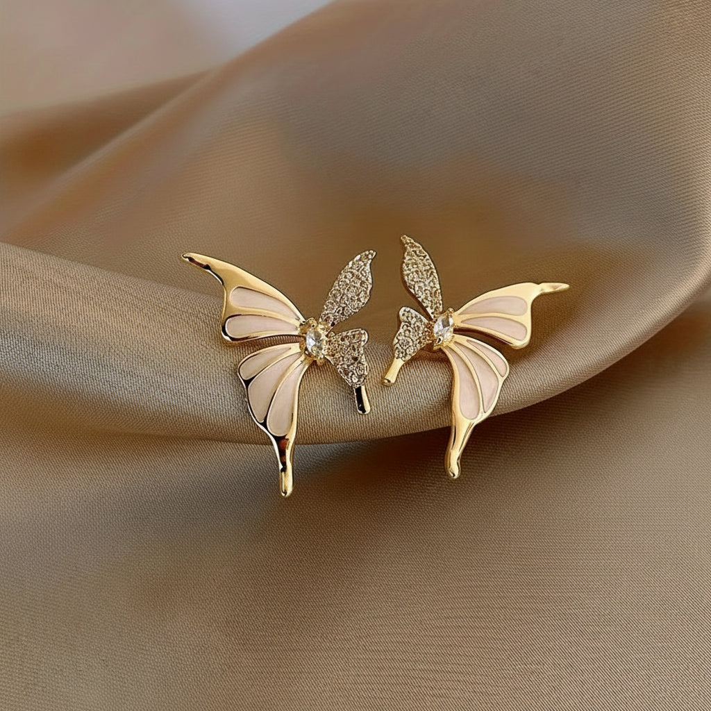 Two-tone butterfly stud earrings gold tone CZ for women JeevaFashions