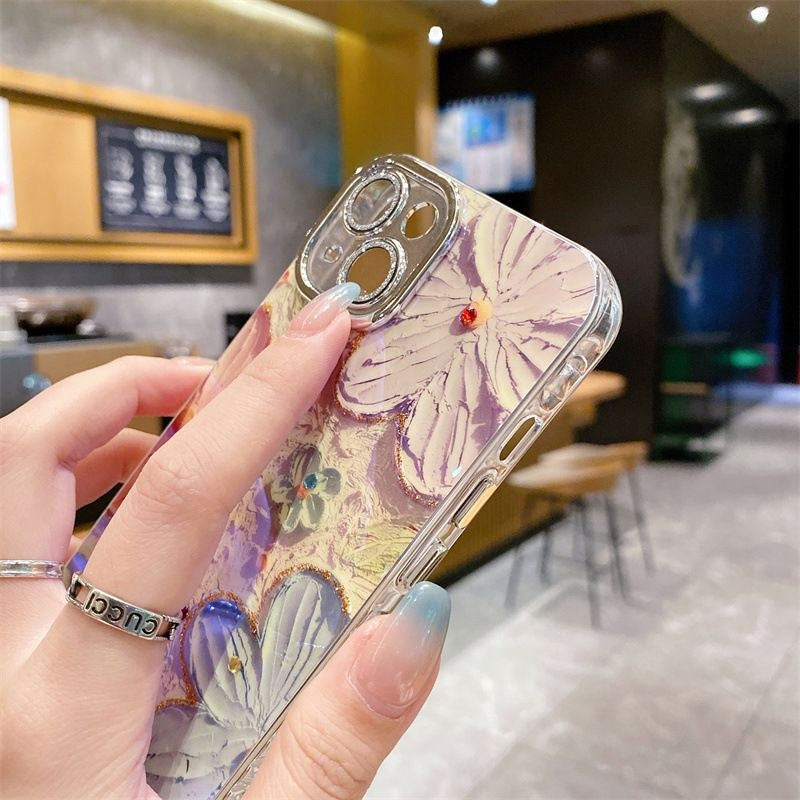 Side view of 3D floral embossed iPhone case with crystal details – aesthetic protective cover for women