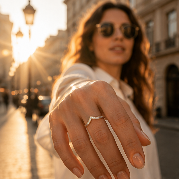 V-shaped pave crystal band ring close up JeevaFashions