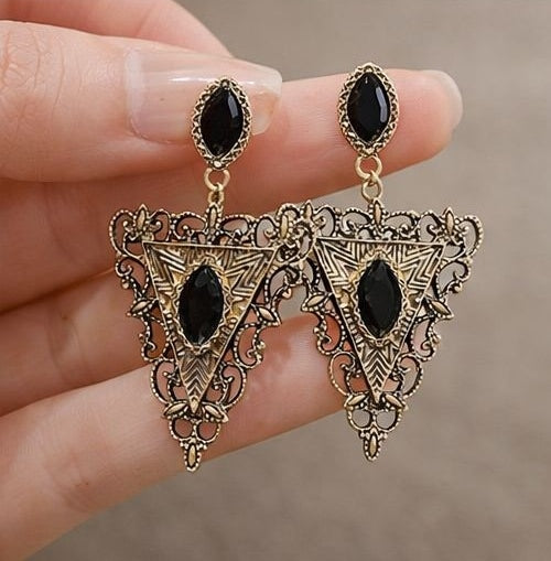 Vintage filigree triangle earrings styled for festive wear JeevaFashions